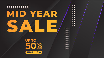 Naklejka premium MID YEAR SALE OFFERS AND PROMOTION TEMPLATE BANNER DESIGN.COLORFUL GRADIENT COLOR DARK BACKGROUND VECTOR. GOOD FOR SOCIAL MEDIA POST, COVER , POSTER 