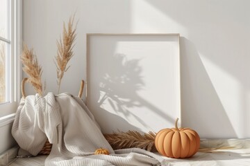 fall frame interior mockup, bohemian style props including blanket, wicker basket, pumpkin and dried grass