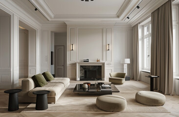 A large living room with white walls, light wood floors and a green armchair in front of the fireplace.
