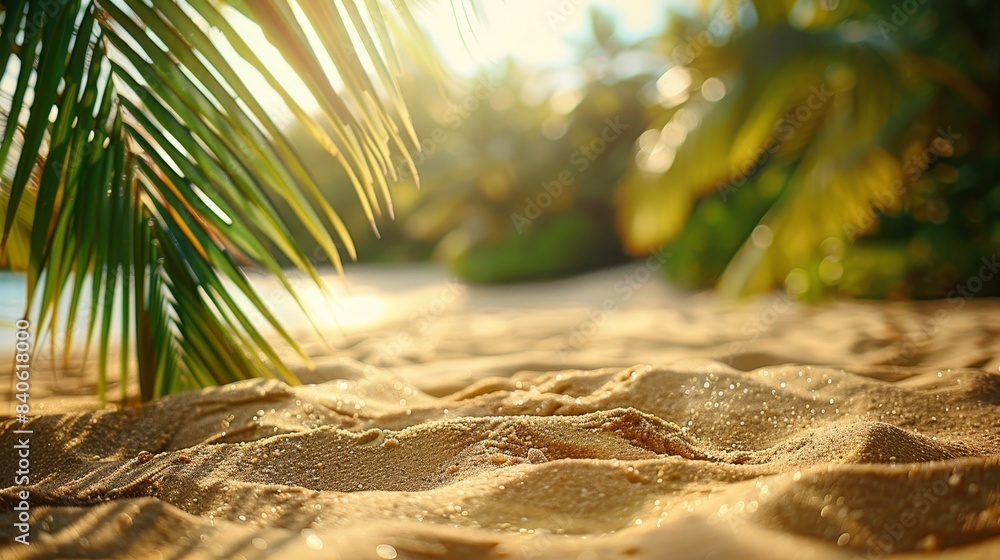 Wall mural Defocused Palm Frond Over Tropical Beach Sand