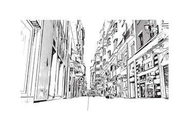 Print Building view with landmark of Santander is the city in Spain. Hand drawn sketch illustration in vector.