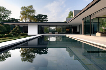 Fototapeta premium modern house with pool, A beautiful modern design architecture image of a luxurious home with a pool