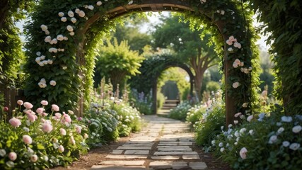Fototapeta premium A peaceful garden path lined with blooming flowers and greenery, leading to a wooden archway, captured from a low perspective