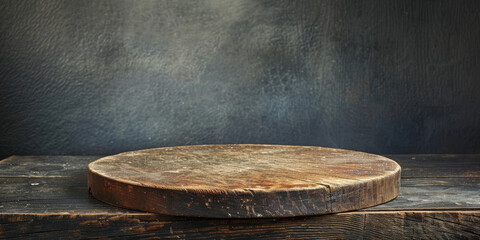 Fototapeta premium Rustic wooden round cutting board placed on a dark textured background, highlighting the natural wood grain and craftsmanship in a vintage kitchen setting..