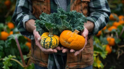 farmer holding orange pumpkins and kale leaves generative ai