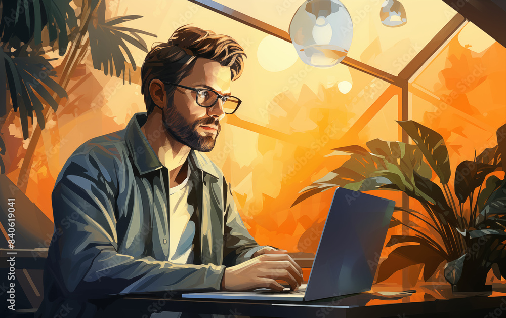 Aufkleber man working on laptop at table. generative ai