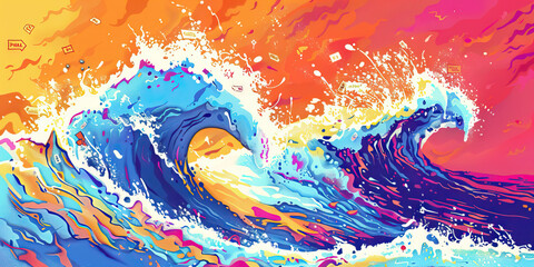 Sale Wave: Abstract wave patterns with sale tags cresting and crashing onto a sale beach