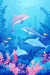 イルカ、魚、海藻の水中背景	