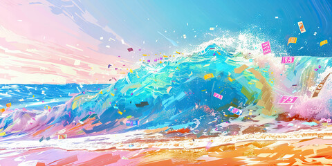 Sale Wave: Abstract wave patterns with sale tags cresting and crashing onto a sale beach