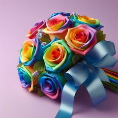 Bouquet of colorful rainbow colored roses decorated with blue silky ribbon tie isolated on lilac background with copy space, concept of birthday.