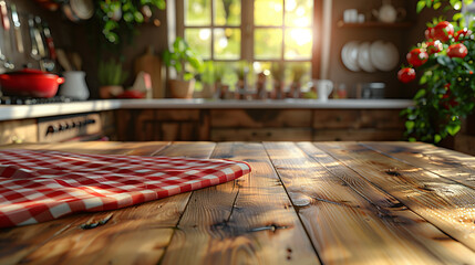 A cozy rustic kitchen featuring a wooden countertop with a red checkered towel, warm lighting, and potted plants by the window.
