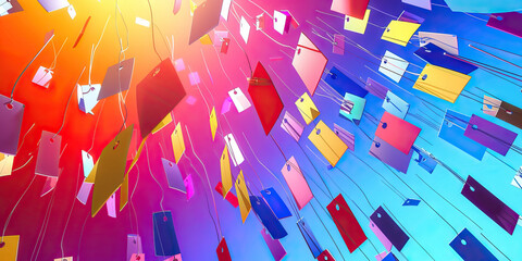 Discount Cascade: Abstract cascade of falling price tags and promotional offers in a continuous flow.