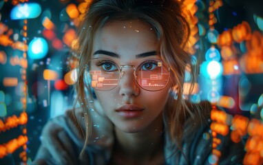 Woman worker with futuristic interface reflection on glasses