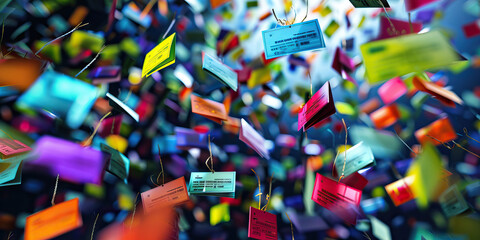 Discount Cascade: Abstract cascade of falling price tags and promotional offers in a continuous flow.