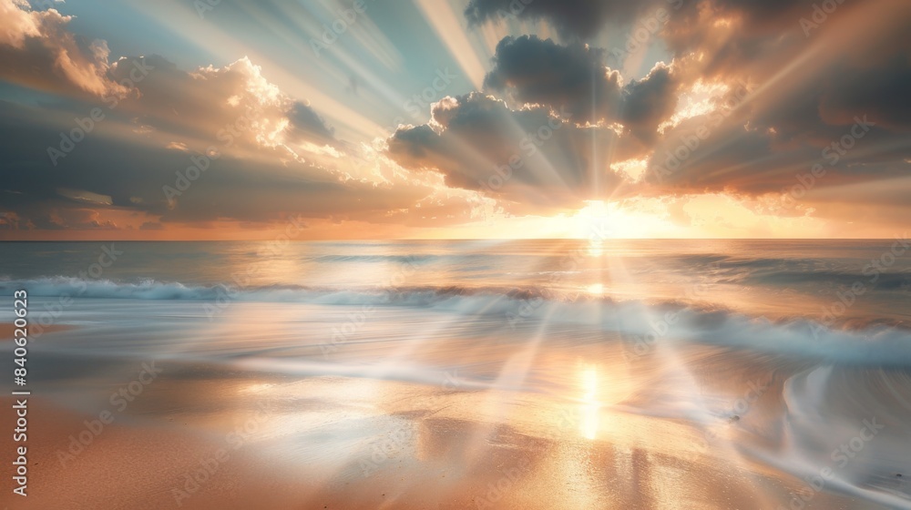 Poster a beach at sunrise with beams of light breaking through the horizon, casting a golden glow on the sa
