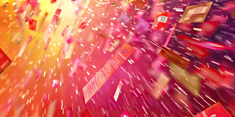 Discount Cascade: Abstract cascade of falling price tags and promotional offers in a continuous flow.