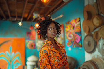 African-American female model poses in a vibrant, colorful outfit against a backdrop of bold artwork, showcasing a fusion of fashion and art
