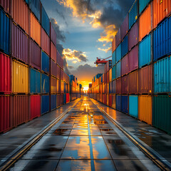 Fototapeta premium Rows of shipping containers in different colors. Transport business. Logistics import and export of goods - Generative AI