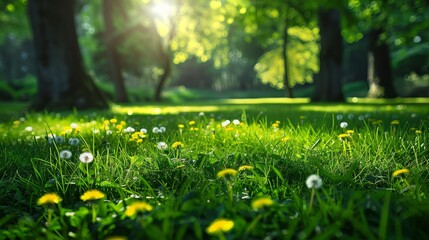Sunny Spring Day in a Lush Green Meadow With Dandelion Blooms