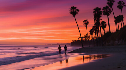 Serene Beach Sunset with Couple Walking