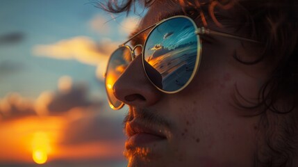 reflection of the sunset in the backpacker's sunglasses generative ai