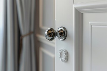 A door handle on a white door with a curtain in the background