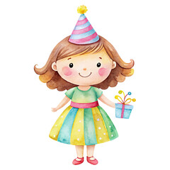Cute birthday Girl with party hat and balloons on transparent background