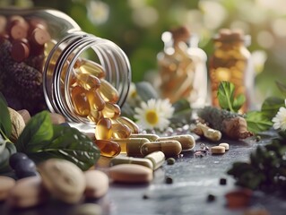 Variety of natural herbal supplements and vitamins in glass jars and bottles on a rustic wooden table with fresh green leaves