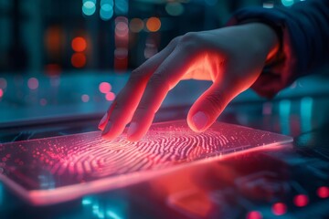 Futuristic fingerprint scanner with glowing red light and a stylus pen, representing security and technology.