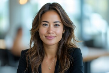 Portrait of filipina woman beautiful business leader, in modern bright office boardroom, professional atmosphere, leadership, diverse workplace, corporate setting.
