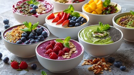Healthy smoothie bowls: Showcase a variety of healthy smoothie bowls filled with colorful fruits and toppings. 