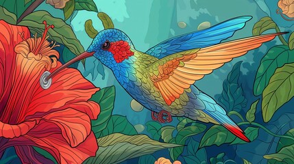 A vibrantly colored hummingbird with outstretched wings feeds from a large, vivid red flower in nature.