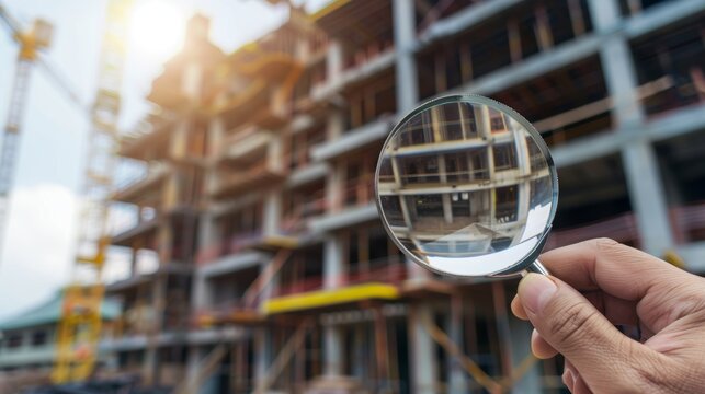 engineer use magnifying glass inspecting construction new house.inspecting construction and quality assurance new house. Engineers or architects or contactor work to build the house.