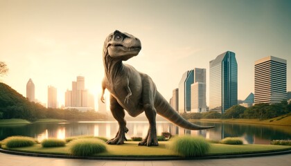 Naklejka premium T-Rex in modern park, with city buildings and a serene lake. A gentle T-Rex in a city park with skyscrapers at golden hour.