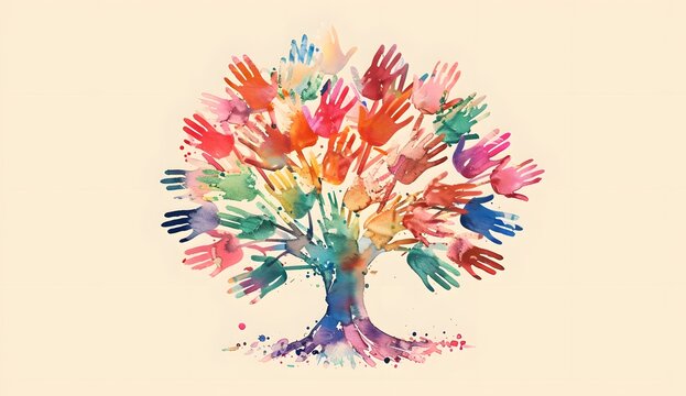 Tree made of colorful handprints, symbolizing unity and diversit, in the watercolor illustration style. The concept represents the idea that each person's unique experience