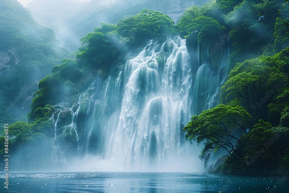 Wall mural a fantastic waterfall in impressive green exotic nature with lake and mountains