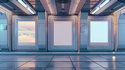 blank billboards in a futuristic city interior