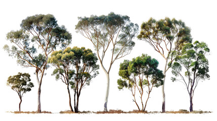 set of eucalyptus  trees with isolated transparent background