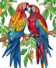 Obraz premium Two vibrant scarlet macaws perched on a branch amidst lush green leaves, showcasing colorful feathers.