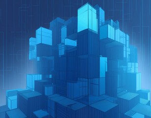 Futuristic blue digital geometric technology cube background banner illustration 3D - Glowing blue shape texture wall