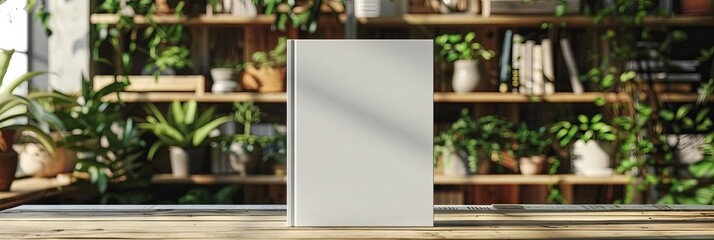 Blank white book cover mockup on office table, blurred shelves and plants in background.