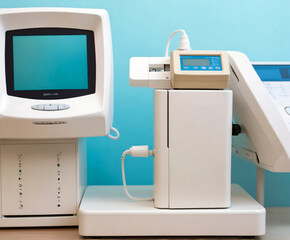 Scan medical diagnosis machine at hospital lab, isolated on natural background