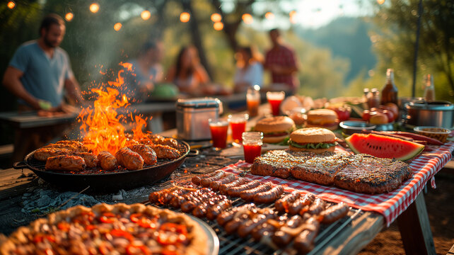 Cozy Backyard Gathering with Burgers and Beverages Under Festive Lights