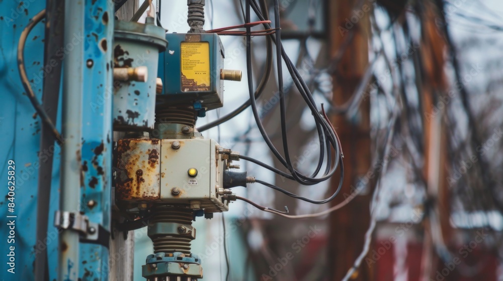 Poster A close-up of a utility pole with transformers and insulators, highlighting the complexity and importance of electrical distribution systems