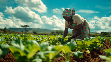 african woman farmer in traditional dress working in vegetable field under blue sky, farming life, World Environment Day, environment protection