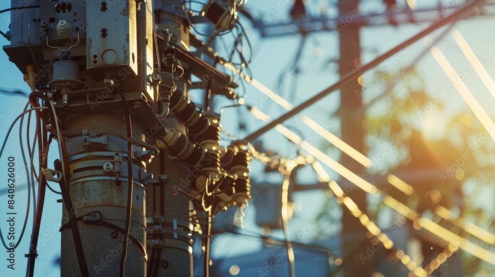 Poster A close-up of a utility pole with transformers and insulators, highlighting the complexity and importance of electrical distribution systems