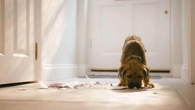 Badly behaved border terrier puppy ripping up letters in hallway of home - shot in slow motion