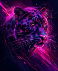 Vibrant neon digital art of a majestic tiger in purples and pinks against a dark background.
