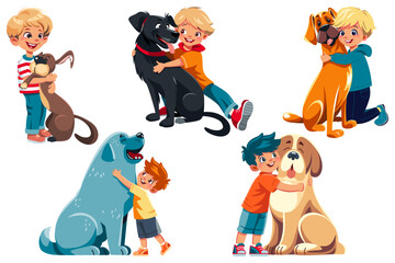 Set of boy hugging cartoon dog, Labrador Retriever, Boxer, Newfoundland, Saint Bernard, mixed breed