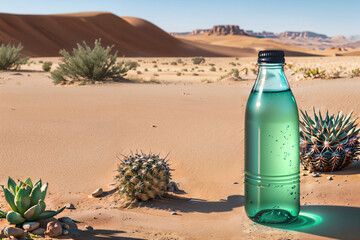 Bottle of water in desert : AI Generative, not upscale